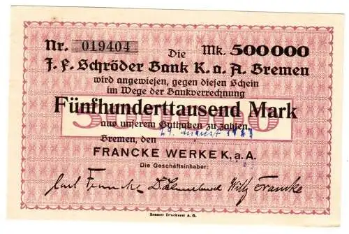 500000 Mark Banknote Bremen Francke Werke AG 1923 (112084)
