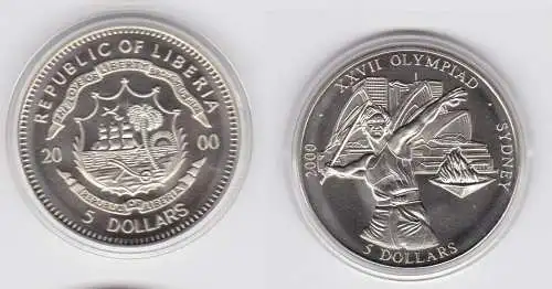 5 Dollar Nickel Münze Liberia 2000 Speerwerfer, Olympiade Sydney Stgl. (123301)