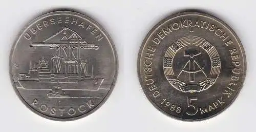 DDR Gedenk Münze 5 Mark Überseehafen Rostock 1988 Stempelglanz (123980)