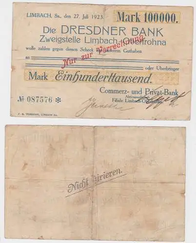 100000 Mark Banknote Dresdner Bank Limbach 27.7.1923 (130763)