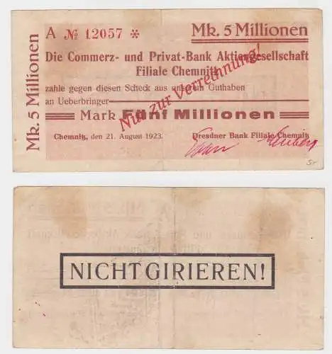 5 Millionen Mark Banknote Commerz- & Privat Bank AG Chemnitz 21.8.1923 (130414)