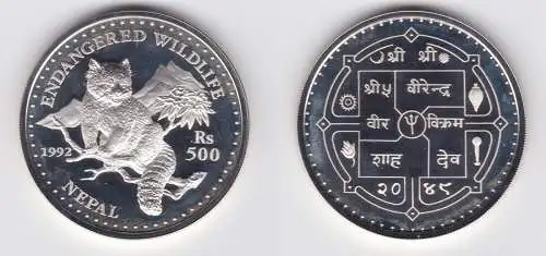 500 Rupien Silber Münze Nepal bedrohte Tierwelt kleiner Panda 1992 (154178)