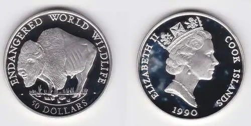 50 Dollar Silbermünze Cook Inseln 1990 bed.Tierwelt Bison PP (150221)