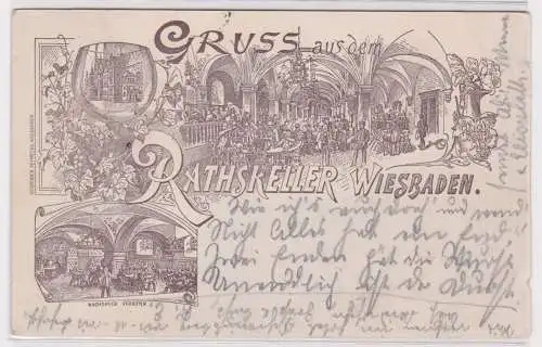 900732 Lithografie AK Gruss aus dem Rathskeller Wiesbaden - Gastraum 1895