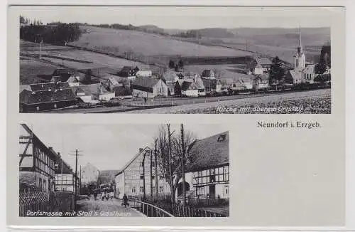 70087 AK Neundorf im Erzgebirge - Dorfstrasse mit Stoll's Gasthaus, Kirche