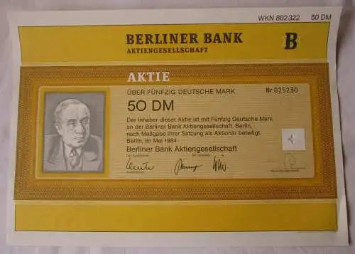 50 DM Mark Aktie Berliner Bank AG Berlin Mai 1984 (100169)