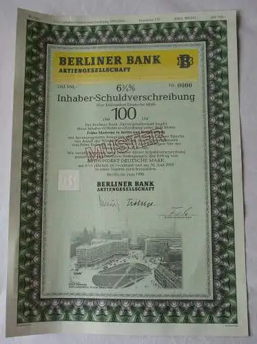 100 DM Aktie Schuldverschreibung Berliner Bank AG MUSTER Juni 1995 (103524)