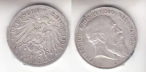 5 Mark Silbermünze Baden Großherzog Friedrich 1904 Jäger 33  (110868)