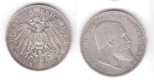 5 Mark Silbermünze Württemberg König Wilhelm II 1902 Jäger 176  (112028)