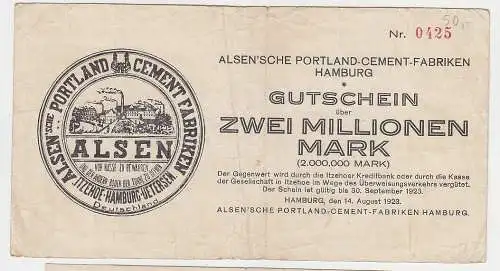 2 Millionen Mark Banknote 1923 Hamburg Alsen'sche Portland Cement Fabrik(115866)