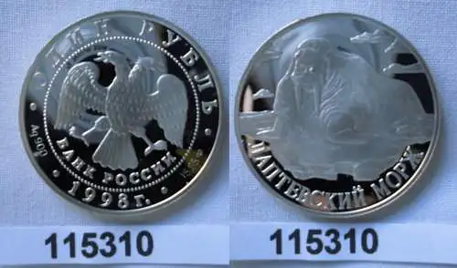 1 Rubel Silber Münze Russland 1998 bedrohte Tierwelt Walross (115310)