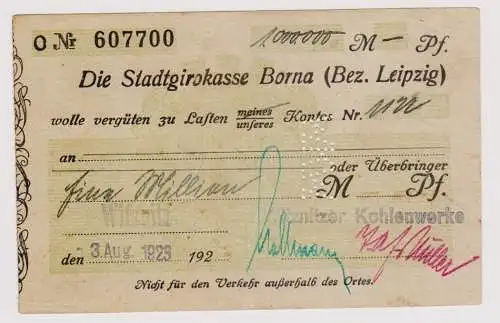 Firmenscheck 1 Million Mark Banknote Stadtgirokasse Borna 3.8.1923 (120392)