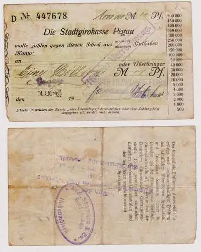 Firmenscheck 1 Million Mark Banknote Stadtgirokasse Pegau 14.08.1923 (120908)