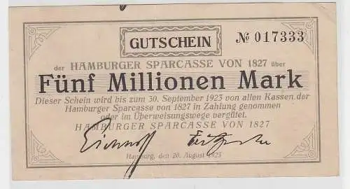 5 Millionen Mark Banknote Hamburger Sparcasse von 1827 20.8.1923 (115910)