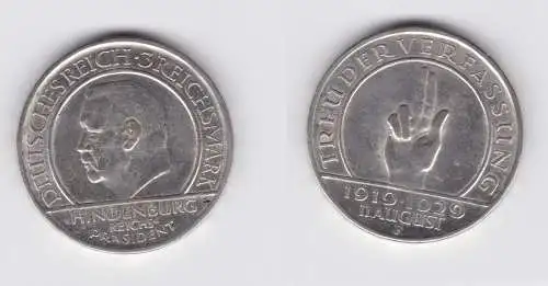 Silber Münze 3 Mark Verfassung "Schwurhand" 1929 F vz (151326)