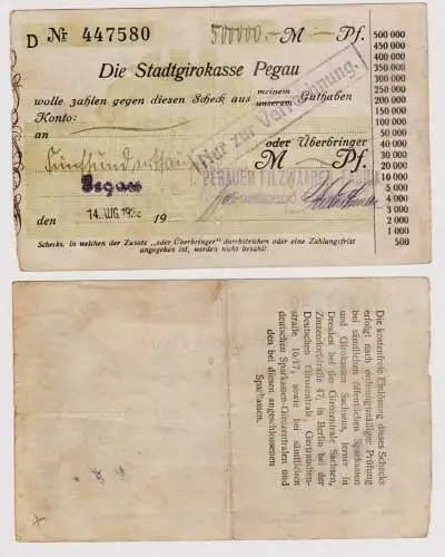 Firmenscheck 500000 Mark Banknote Stadtgirokasse Pegau 14.08.1923 (120734)