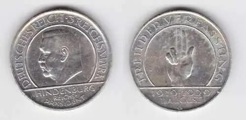 Silber Münze 3 Mark Verfassung "Schwurhand" 1929 F vz (152711)