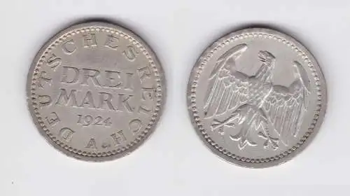 3 Mark Silbermünze Weimarer Republik 1924 A Jäger 312 ss+ (151386)