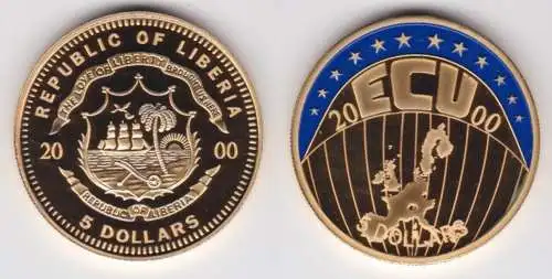 5 Dollar vergoldete Nickel Farb Münze Liberia 2000 ECU Stgl. (120108)