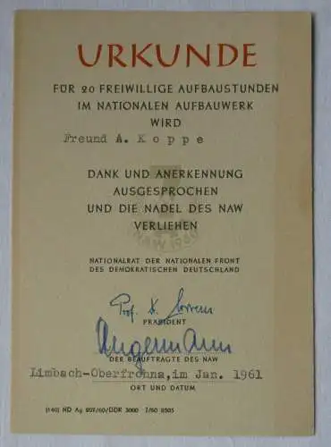 DDR Urkunde für 20 freiwillige Aufbaustunden NAW Limbach-Oberfrohna (113249)