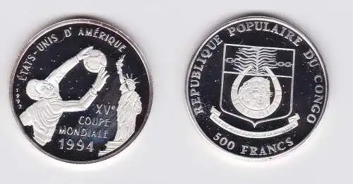 500 Francs Silber Münze Republik Congo 1992 Fussball WM 1994 (123252)