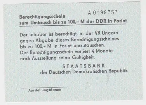 Berechtigungsschein zum Umtausch bis zu 100,-M der DDR in Forint  (131820)