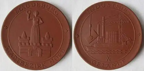 DDR Medaille Meissner Porzellan Magdeburg Stadtbezirk Nord Industriegel.(145029)