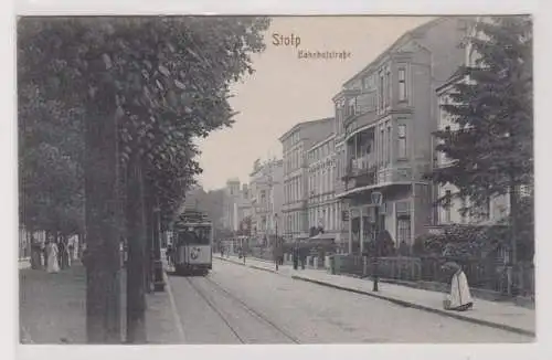66783 Ak Stolp Słupsk in Pommern Bahnhofstraße mit Strassenbahn 1917
