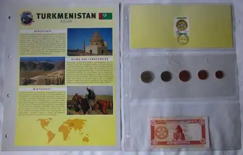 KMS 1 - 50 Tenge, Briefmarke 15 Tenge, 1 Bir Manat Banknote Turkmenistan(125881)