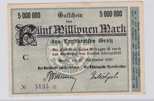 5 Millionen Mark Banknote Inflation Landkreis Greiz 17.9.1923 (126563)