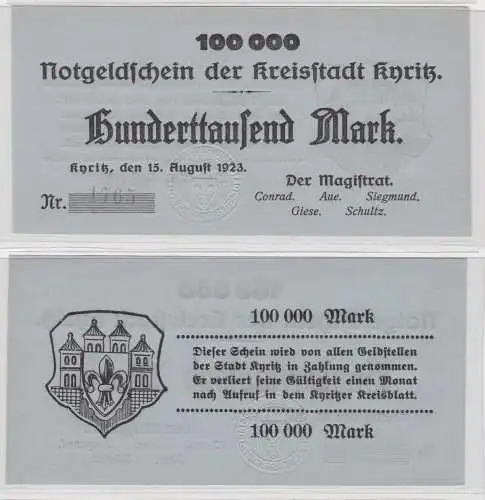 100000 Mark Banknote Inflation Notgeld Kreisstadt Kyritz 15. Aug. 1923 (137843)