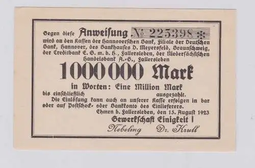1 Million Mark Banknote Inflation Gewerkschaft Einigkeit ! Ehmen 1923 (125902)