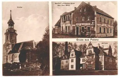70154 AK Gruß aus Polenz bei Brandis Gasthof Kirche Schloss um 1910