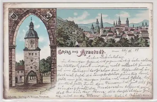 27258 Ak  Gruß aus Arnstadt Totalansicht und altes Riedthor 1899