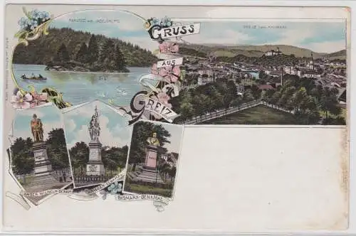 94148 Ak Gruss aus Greiz - Parksee mit Inselgruppe, Hainberg, Denkmäler 1898