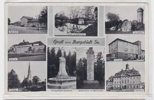 92852 AK Gruß aus Burgstädt, Bahnhof, Schule, Kirche, Taurastein, Rasthaus, Post