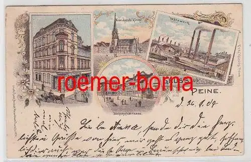 76456 Ak Lithografie Gruss aus Peine Bahnhofstrasse, Walzwerk usw. 1904