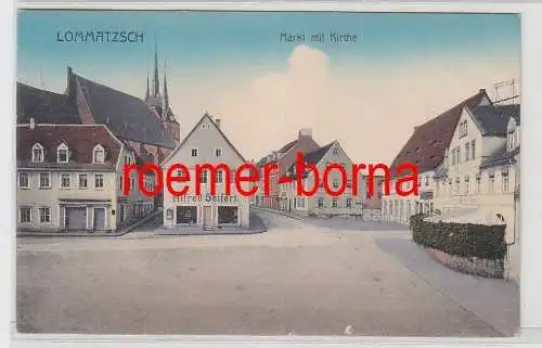 74792 Ak Lommatzsch Markt mit Kirche und Geschäften 1919
