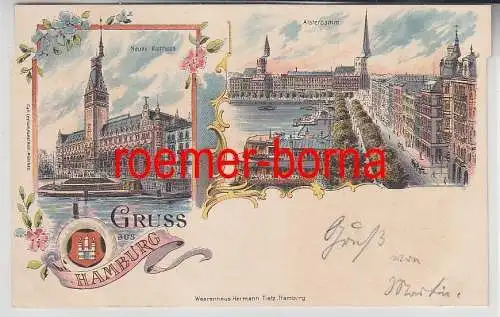 75505 Ak Lithografie Gruss aus Hamburg Neues Rathaus und Alsterdamm um 1900