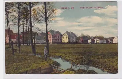 82516 Feldpost AK Grüna in Sachsen - Partie an der Dorfstrasse - Bahnpost 1916