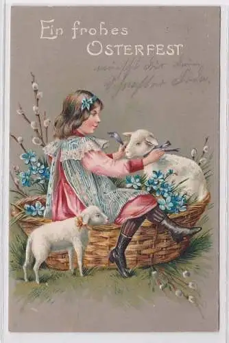 78925 Glückwunsch AK Ein frohes Osterfest , Mädchen mit 2 Lämmern in einem Korb