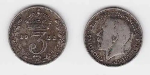 3 Pence Silber Münze Großbritannien George V. 1922 ss (152703)