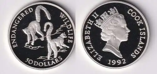 50 Dollar Silbermünze Cook Inseln 1992 bedrohte Tierwelt Katta Lemur PP (166366)