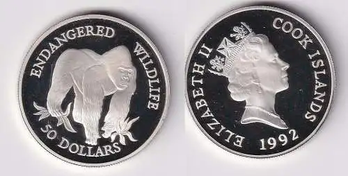 50 Dollar Silbermünze Cook Inseln 1992 bedrohte Tierwelt Gorilla PP (166709)