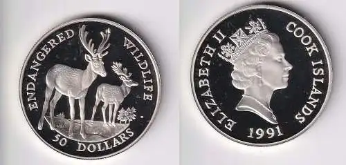 50 Dollar Silbermünze Cook Inseln 1991 bedrohte Tierwelt Eule PP (166406)