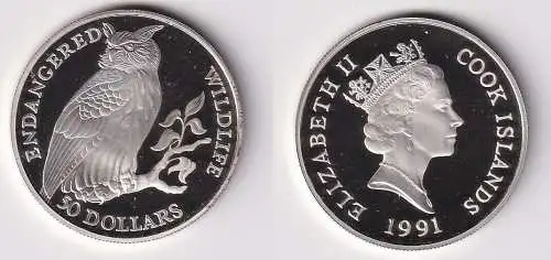 50 Dollar Silbermünze Cook Inseln 1991 bedrohte Tierwelt Eule PP (166020)