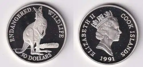 50 Dollar Silbermünze Cook Inseln 1991 bedrohte Tierwelt Känguru PP (166754)