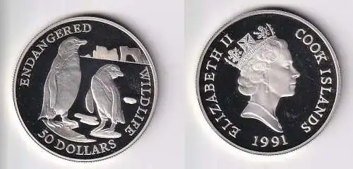 50 Dollar Silbermünze Cook Inseln 1991 bedrohte Tierwelt Pinguine PP (166060)