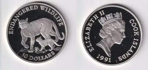 50 Dollar Silbermünze Cook Inseln 1991 bedrohte Tierwelt Puma PP (166284)