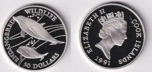 50 Dollar Silbermünze Cook Inseln 1991 bedrohte Tierwelt Delphine PP (166355)